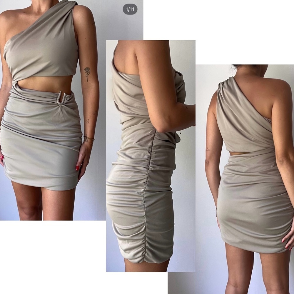 Zara khaki green draped ruched one shoulder asymmetrical cut-out mini dress XL